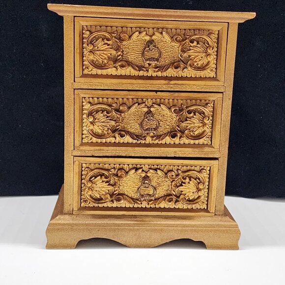 Wooden Musical Jewelry Box Onate Carved Drawers VTG 9.25" High by Royal Sealy - Picture 2 of 12